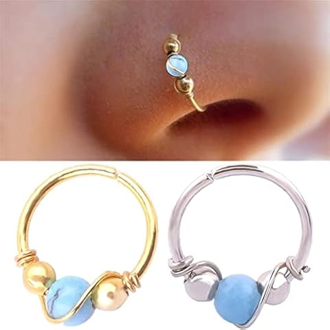 ZYYXB Curved Nose Rings Stainless Steel Turquoise Nose Rings Nose Hoop Rings Nose Studs Body Piercing Personality Bone Stud Punk Jewellery,10mm Gold Cover
