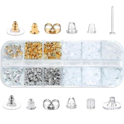 Canollo 12 Styles Ohrstecker Verschluss 600 Stück Ohrring Verschluss Ohrringheber und Ohrläppchenhalter Veiche Silikon Sicherheitsverschlüsse Ohrringstecker Metall Ohrringe Stecker Verschlüsse