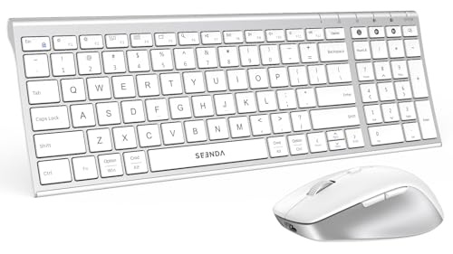 Image of seenda COE401 Bluetooth Keyboard Mouse Combo, Rechargeable, White Silver | Silent rechargeable keyboard and mouse with 3-device connection for Windows, Mac, iPad, and laptops.