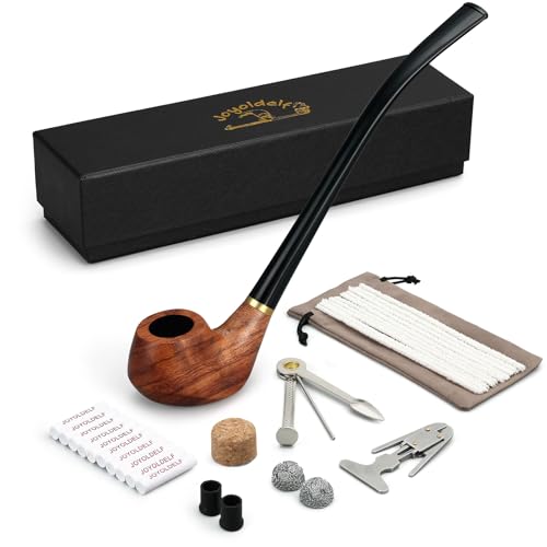 Joyoldelf Churchwarden Tobacco Pipe Set – Handmade Rosewood Smoking Pipe with Long Curved Stem, Wooden Tobacco Pipe for Men, Flat Bottom Design, Gift Box Pipe Kit for Beginners & Collectors
