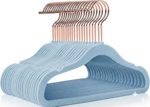 Image of 6 -Pcs Light Blue Kids Velvet Hangers Premium 11-Inch Children's for Closet, Ultra-Thin and Cute, Non-Slip Felt Design, Small for Kids' Clothes.