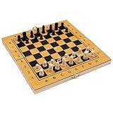 Il set comprende una tavola di legno e tutti i pezzi necessari per giocare a questi giochi: pezzi per gli scacchi, pedine per la dama e pezzi per il triktrak.