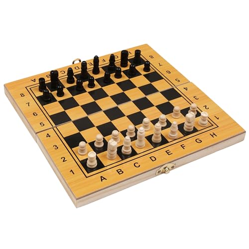 Il set comprende una tavola di legno e tutti i pezzi necessari per giocare a questi giochi: pezzi per gli scacchi, pedine per la dama e pezzi per il triktrak.
