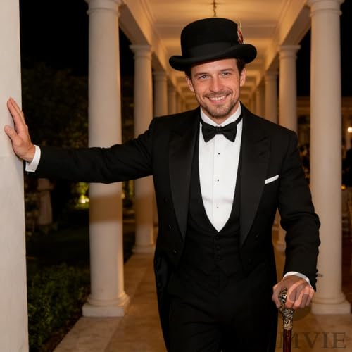 Image of GEMVIE Men's Bowler Derby Hat 100% Wool Bowler Hats for Men with Feather Black Derby Hat Satin Lined