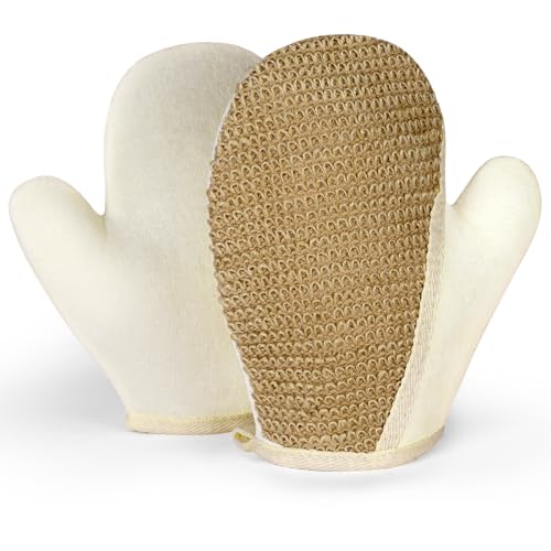 LOPHE Guantes Exfoliantes de Yute, 2pcs Manopla Exfoliante para Hombres y Mujeres, Guantes de Ducha con Fibras Vegetales, Exfoliating Glove para Spa,Masaje y Eliminar La Piel Muerta (Pulgar Inclinado)