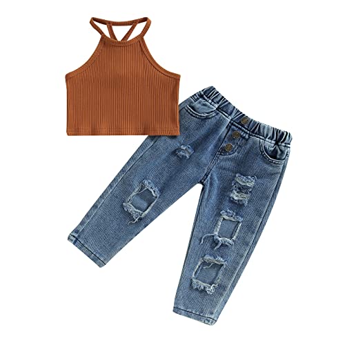 2PCS Baby Girl Halter Sleeveless Backless Tank Tops Ribbed Knitting Vest + Ripped Denim Pants Set