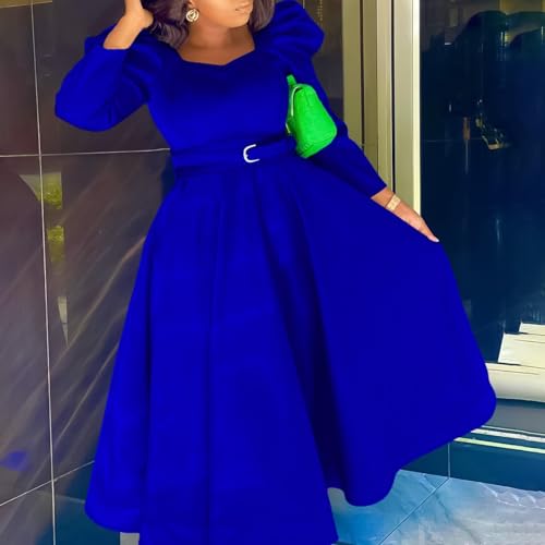Women's Elegant Puff Sleeve Belted Dress Plus Size Square Neck Long Sleeve High Waist Dress Commuting Office Business (Color : Blue, Size : Medium)3