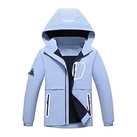 BuyiRen Boys Girls Windbreakers Jacket Rain Jackets Hooded Raincoat Fleece Lined Rain Coats for Kids, Light Blue, 10-11 Years
