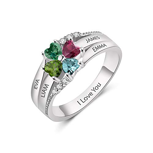 Sterling Silver Personalized Ring for Women Engraved Women’s birthstone Ring with 4 Stones –Name Rings Personalized –Promise Ring, Engagement, Anniversary4