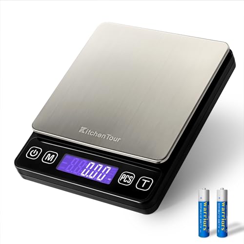 KitchenTour Digital Kitchen Scale - 3000g/0.1g - High Accuracy Precision Food Scale with 9 Units(g/oz/ml/lb/lb:oz/gn/ozt/DWT/ct) - Meat Scale with Back-Lit LCD Display(Batteries Included)