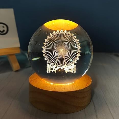 Image of 3D Galaxy Crystal Ball Night Lamp, Solar System Glass Art Ornament Wood Holder Display Stand Night Lamps Desktop Home Decoration Birthday Gift for Kids (Ferris Wheel)