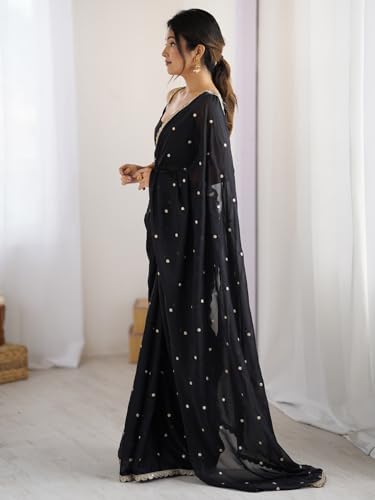 Image of AKHILAM Women's Pure Georgette Embroidered Saree With Unstitched Blouse Piece