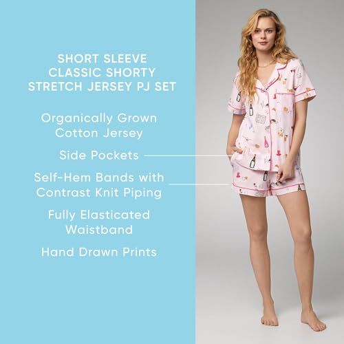 Image of Trina Turk Womens Short Sleeve Notch Collar & Shorts Sleepwear Pajama Set, Organic Cotton