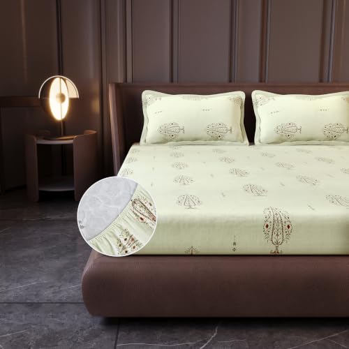 Divine Casa 144 TC Cotton Fitted King Size Bedsheet with 2 Pillow Covers | Floral Print Elastic Bed Sheet | Soft Breathable Bedding | 200 x 185 + 25 CM, Cream Yellow