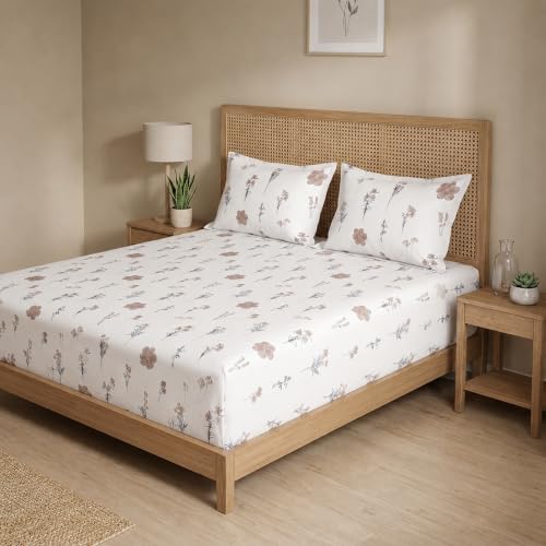 Image of HOMEMONDE Cotton Fitted Sheet Floral Printed Queen Size Elastic Fitted Bedsheet with Two Pillow Covers |186 TC | (78 x 72 Inches, Prairie Charm) | Perfect for Home Decor & Gifting