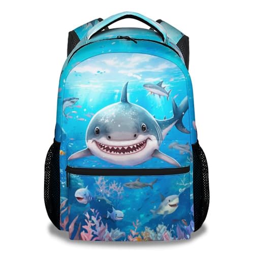 woerexker Zaino scolastico per bambini, ragazze e ragazzi, 40,6 cm, zaino con squalo per la scuola, borsa per libri leggera di grande capacità per elementari, Squalo-1, Taglia unica