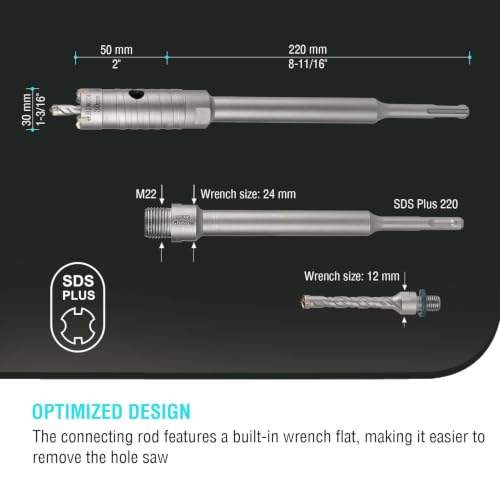 Image of BINOTA 30 mm (1-3 /16 inch) Concrete Hole Saw with SDS-Plus Shank | Tungsten carbide drill bit; SDS-Plus shank (220 mm); Cross-type center drill; Dry drilling for concrete /brick /stone /masonry
