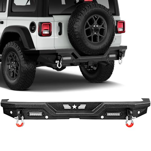 Rear Bumper - Compatible with 20072018 JP Wrangler JK/JKU Off-Road Rock Crawler Full-Width Bumper with LED Lights 2 Hitch Receiver & D-Rings | Textured Black
