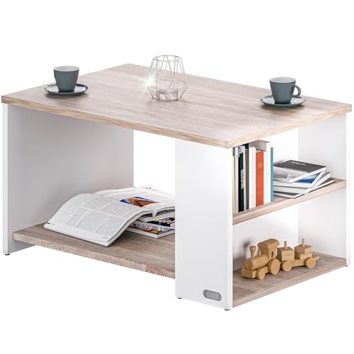 Casaria® Couchtisch Holz Weiß Eiche mit Stauraum 2 Fächer Wohnzimmertisch 90x60x50cm Kratzfest 50kg Belastbar Eckig Ablage Beistelltisch Sofa Couch