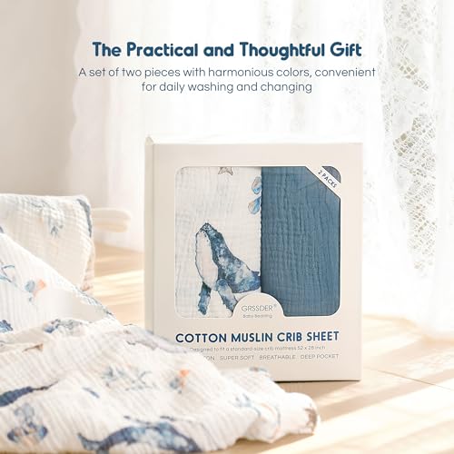 Image of GRSSDER 100% Cotton Muslin Crib Sheet 2 Pack - Breathable & Ultra-Soft Fitted Crib Sheets for Standard Baby & Toddler Mattresses, 52 inchx28 inch with 9 inch Deep Pocket, Snug Fit All-Around Elastic
