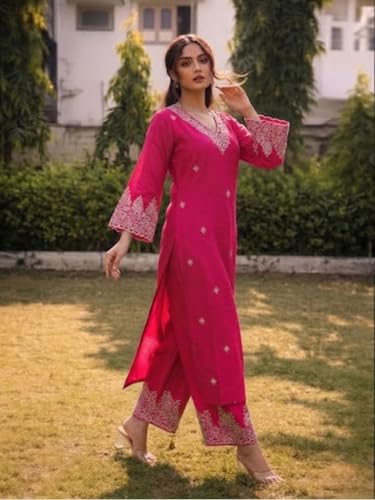 Image of SHIENZY Women's Embroidered Kurta Pant Set with Dupatta | Straight Kurta Set for Women | Ethnic Kurta Set for Women, Traditional Indian Kurta Pant Dupatta Set