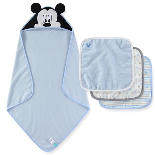 Image of Disney Baby Boys Mickey Mouse Hooded Bath Towel with 3 Washcloths Set for Newborn and Infants