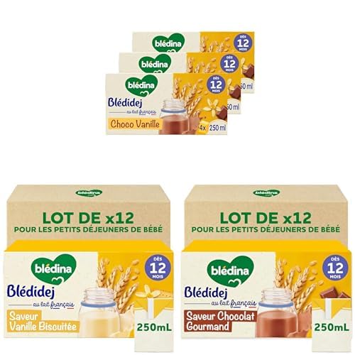 Blédina - Blédidej - Lot de 48 briques aux Céréales Lactées pour bébé - Dès 12 mois - Petit Déjeuner - Format Pratique 3 packs de 12x250 mL