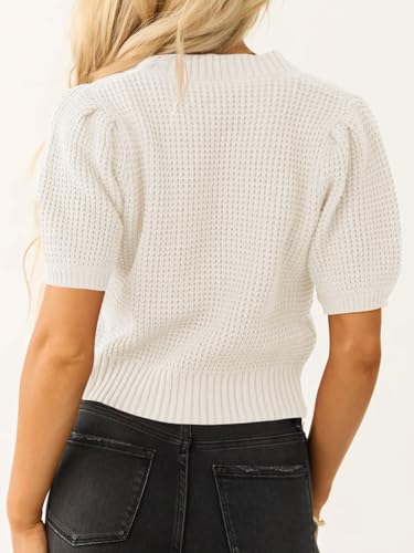 Image of Saodimallsu Womens Puff Short Sleeve Sweater Top Waffle Knit V Neck Spring Summer Cropped Trendy Cute Shirts Blouses White