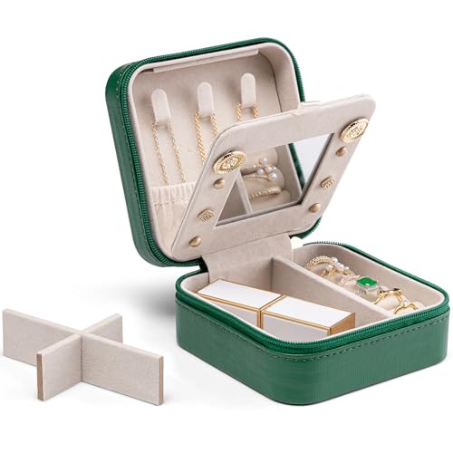 Vlando Small Faux Leather Travel Jewellery Box Organizer Display Storage Case for Rings Earrings Necklace with Mirror,Dark Green A.Mirror Green