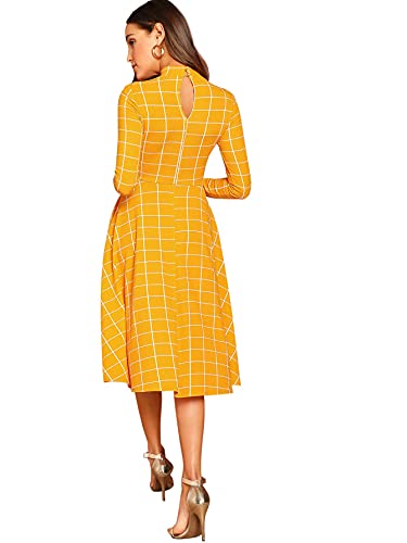 Floerns Women's Fit And Flare Plaid High Neck Long Sleeve Midi Dress Yellow Plaid L #TOP1
