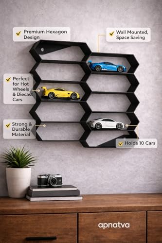 Image of 10-Car Hexagon Wall Rack Compatible with Hot Wheels Stand & 1:64 Die-Cast Cars | Stackable Wall Car Display Organizer with Side Guards & Screw Slot | Home & Office Decor (NO CAR INCLUDED)