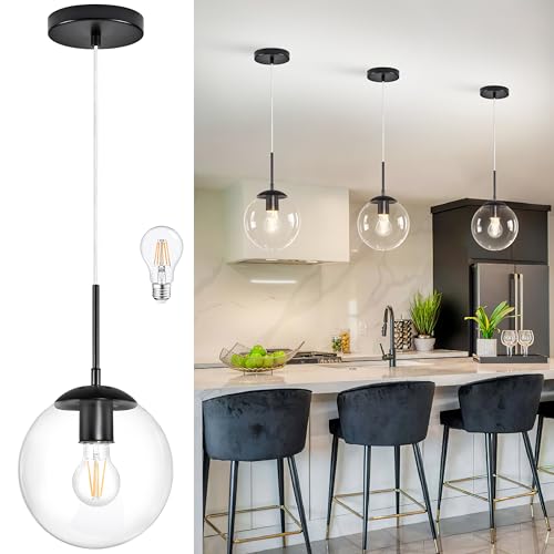 KoKo&Yukina 8" Modern Globe Pendant Light Mid-Century Black Pendant Lights Kitchen Island Height Adjustable Clear Glass Pendant Light Fixture for Dining Room Bedroom Hallway Entryway Sink Bulb Incl.