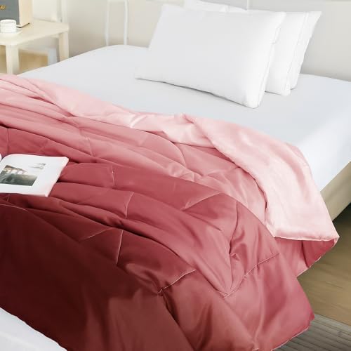 Image of Ac Comforter Single Bed Ombre with Satin Finish 240 GSM - Reversible AC Comforter - Peach & Red Comforter Quilt Duvet Dohar Blanket for Summer 150 x 225cm