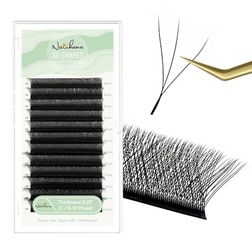 NATUHANA 3D W Clover Lash Extensions 0.07 C Curl 8-12mm Premade Fans Black