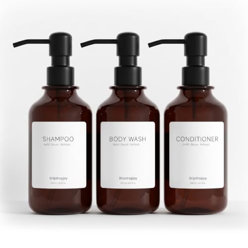 Modern Shampoo and Conditioner Dispenser Set of 3, 17oz Refillable Shower Soap Bottles with Stainless Steel Pumps & Waterproof Labels for Shampoo, Conditioner & Body Wash, Vintage Bathroom Decor