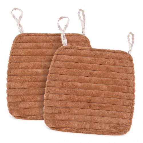 Image of Amazon Brand - Umi Rosy Brown Faux Fur Chair Seat Cushions, 16x16 Inch Solid Fluffy Dining Chair Pads with Ties, Foam-Filled Warm Accent Chair Pads, Set of 2