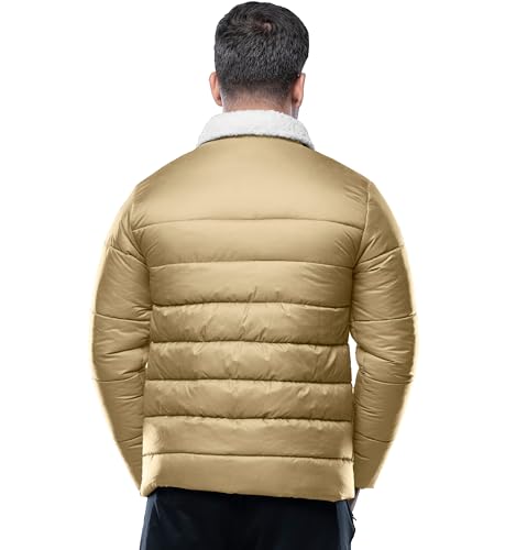 Image of URBAN BUCK Mens Puffer Jacket Midweight Sherpa Lined Windproof and Water Repellent Winter Recycled Down Bryce Beige Hiking Men Coat (S)