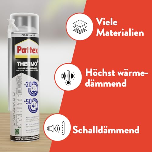 Pattex White Line Montageschaum, einkomponentiger PU-Schaum für verschiedene Materialien*, reinweißer, expandierender Bauschaum mit feiner Zellstruktur, 1x500ml