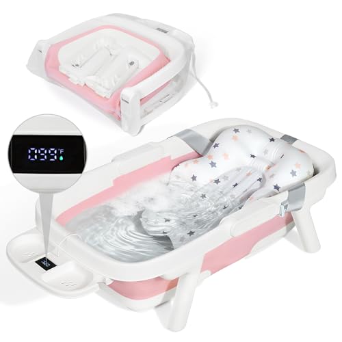 Image of Orzbow Collapsible Baby Bathtub, Large Baby Bath Tub for Newborn with Soft Cushion & Thermometer, Travel Portable Baby Tubs for Infants to Toddler 0-36 Months, Pink
