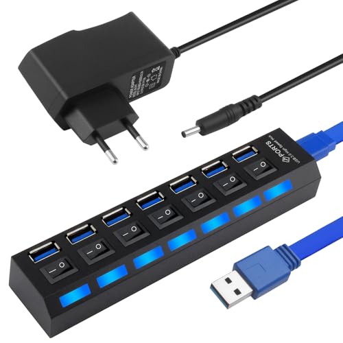 Concentrador USB 3.0 2.0 de 7 Puertos con Interruptor de Encendido LED Individuales, Divisor Hub USB con 1,2M Adaptador de Corriente 5V 2A para Portátiles Ordenador PC
