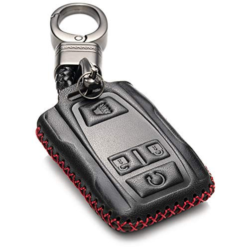 Vitodeco Genuine Leather Smart Key Keyless Remote Entry Fob Case Cover with Key Chain for 2019 GMC Sierra, Canyon, 2019 Chevy Silverado 1500, Tahoe, Colorado, Suburban (4-Button, Black/Red)