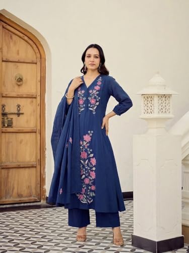 Image of ANNI Designer Kurta Set for Women Viscose Embroidered | Kurti Set for Woman | A Line Kurta Palazzo Dupatta 3 Piece Outfit | V Neck 3 /4 Sleeve Regular Fit Ethnic Dress Stylish Clothing