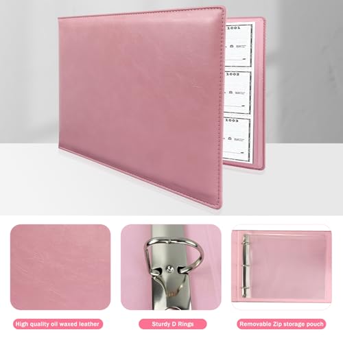 3 Rings Business Check Binder for End-Stub Deskbook Checks with 3 & 9 Holes, Faux Leather (11 1/4\" x 9\") in Pink - Thumbnail 6