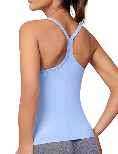 MathCat Seamless Workout Tank Tops for Women with Built in Bra, Spaghetti Strap Padded Gym Tops, Racerback Sports Athletic Slim Yoga Shirts Camisole Lightblue