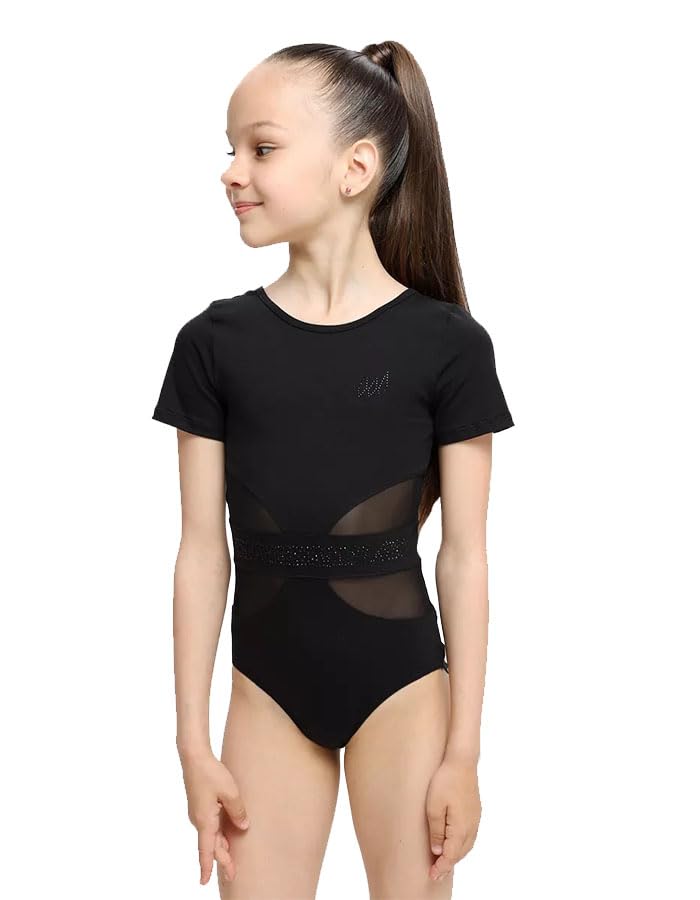 Justaucorps de Gymnastique Fille Manches Courtes | Gymnastique Rythmique, Ballet, Danse et Acrobatie | Stretch 4 Directions, 92% Coton, Noir