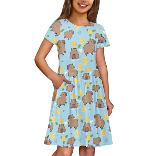 Image of Girls Dress with Pockets Basic Short Sleeve High Waist Swing Skater Dress School Party Dress for Kids