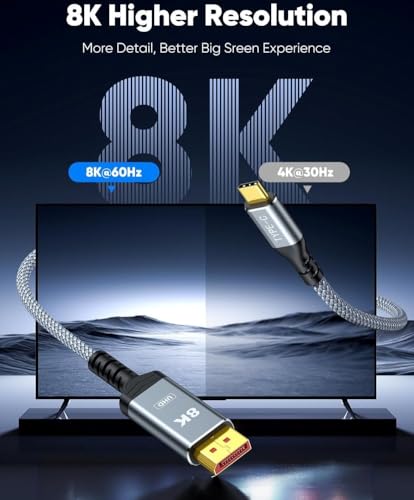 Image of GANIX USB C to DisplayPort Cable 6FT, Type C to DP 1.4 Cable 32.4Gbps 8K@60Hz Braided Thunderbolt 3 /4 to DP Cord Compatible with iPad, MacBook Pro /Air, Surface, iMac, Galaxy, XPS