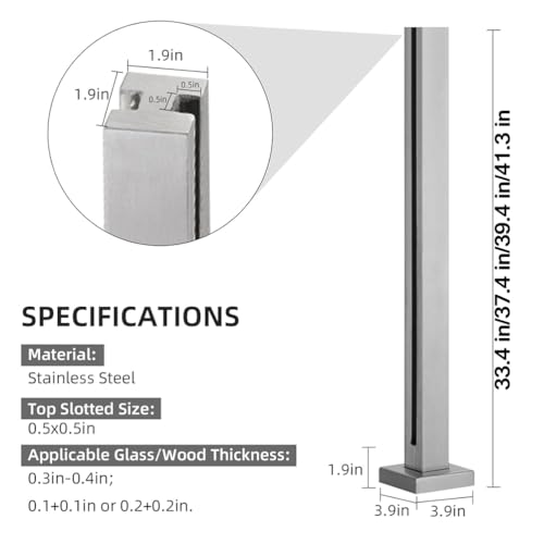 304 Stainless Steel Glass Railing Post with Spigot Slots - 41.3" Balustrade for Indoor & Outdoor Decks, Balconies, Staircases, Attics - Durable End Post Solution