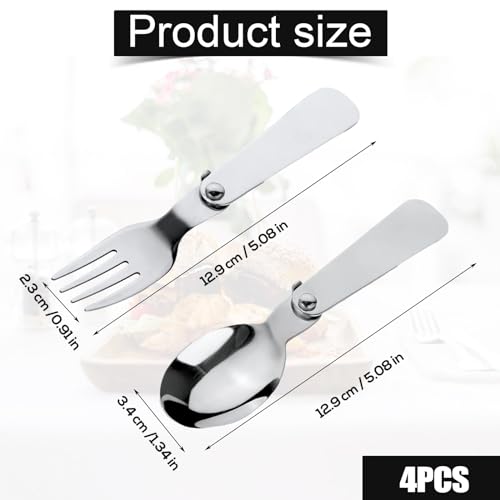 BOXOB 2pcs Folding Spoon & 2pcs Foldable Forks for Thermos Funtainer 10oz Food Jars, Portable Replacement Stainless Steel Spoons Forks for Travel Camping Picnic Outdoor Activities