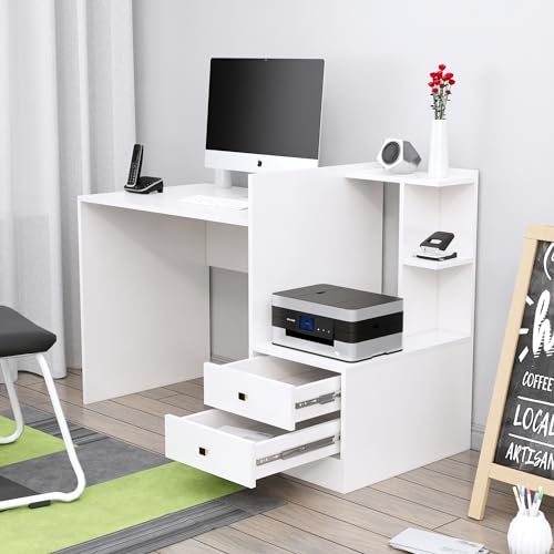 Image of Bniture Wooden Study Table for Home | Engineered Wood Study Table with Side Open Storage Area | Multi Purpose Computer Desk for Writing & Study | Laptop Table for Study Room & Office | Frosty White
